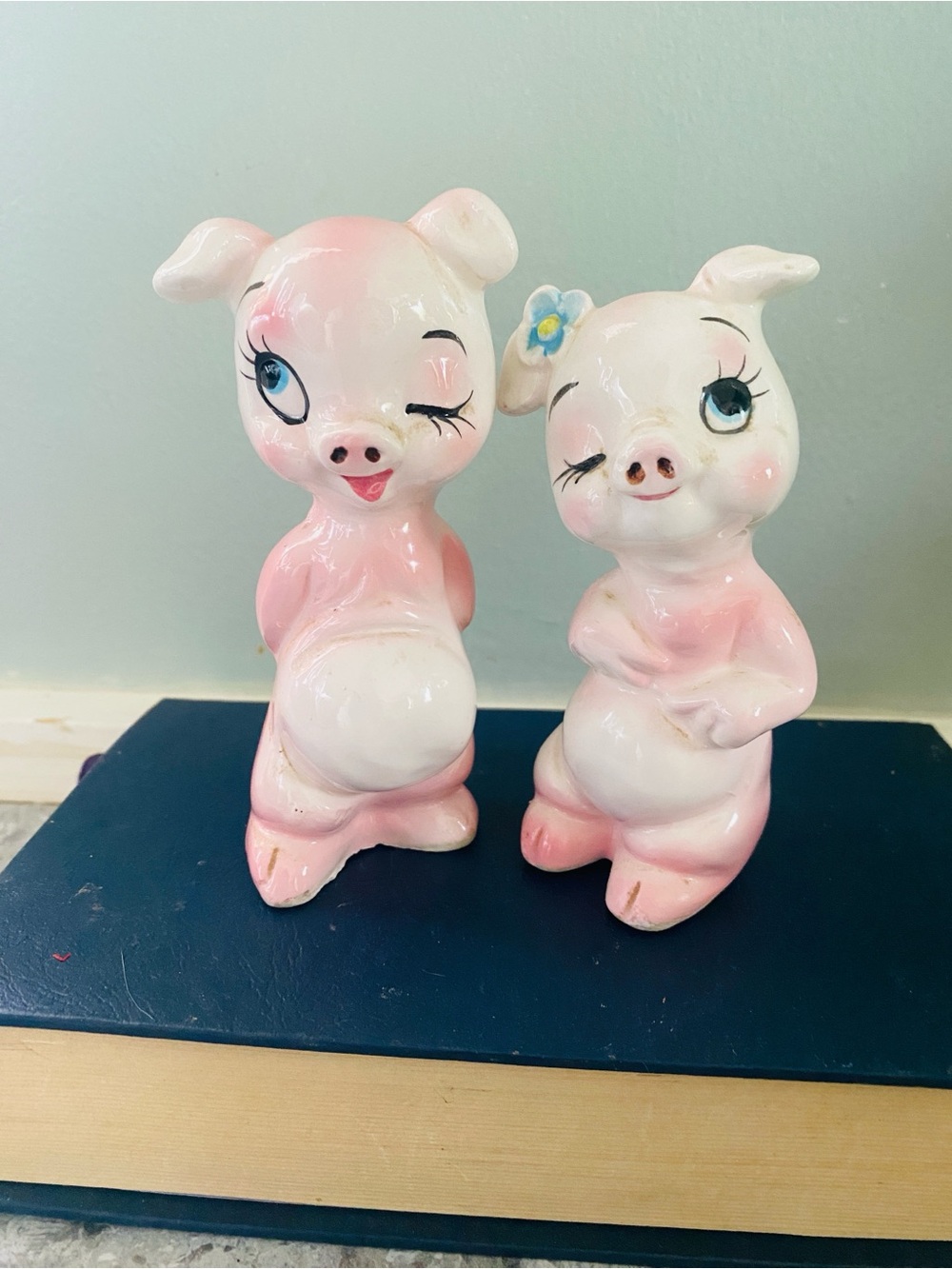 Pink Ceramic Winking Pig Salt and Pepper Kitschy Piggies  - Pair